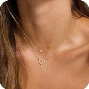 Gold 14k Gold Plated Two Piece Cz Heart Layered Necklace Set